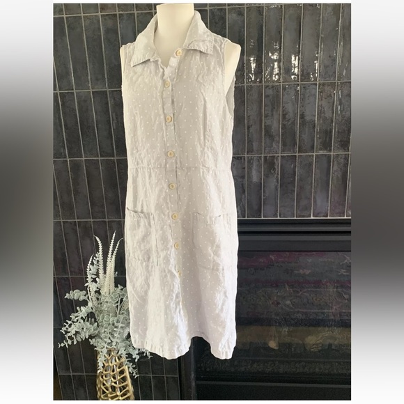 FLAX S Linen Sleeveless Shirtdress Gray Dot Knee Length Dress Pockets - Picture 4 of 6